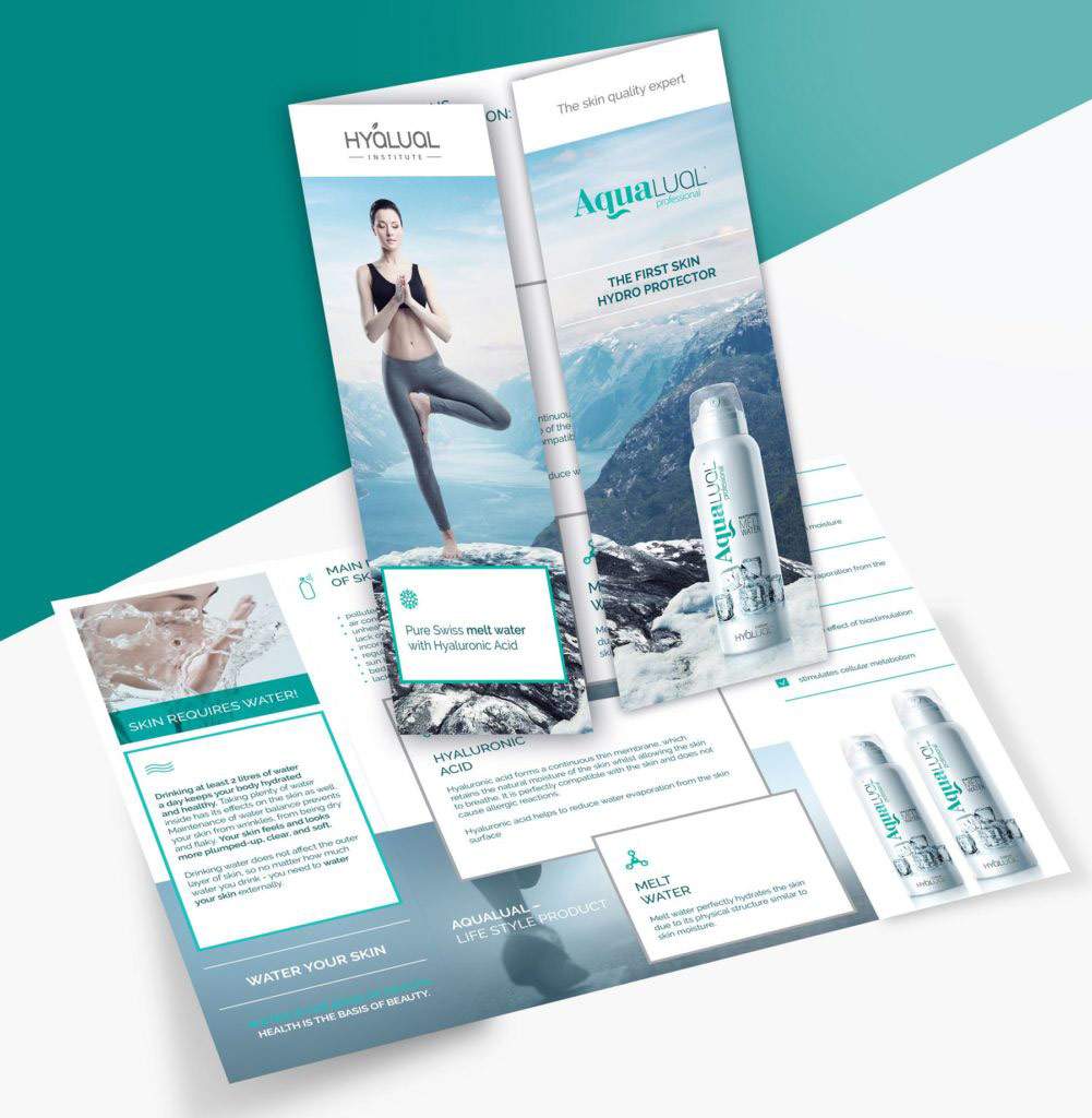 Produktbroschüre Design und Layout für Aqualual erfrischendes Gesichtsspray